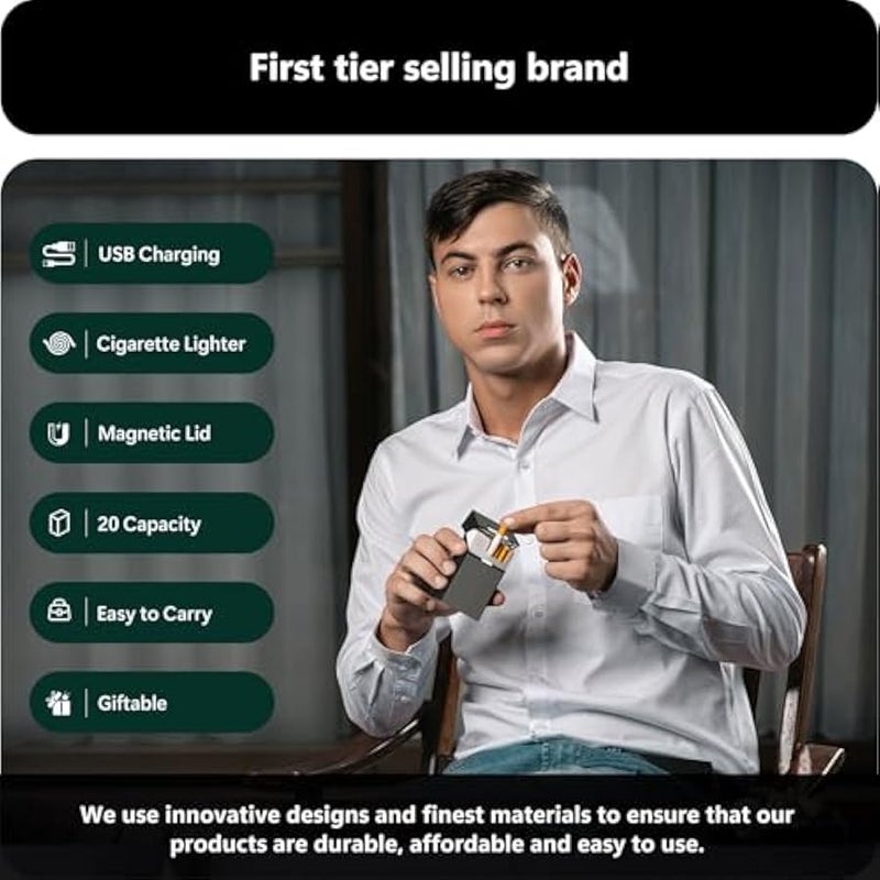 Cigarette Case with Lighter (2 Pack), 85mm King Size Magnetic Switch 20 Capacity Holder Case for Men Women, Cigarettes Smoking Accessories, Rechargeable Flameless Windproof Electric Lighters - Image 5